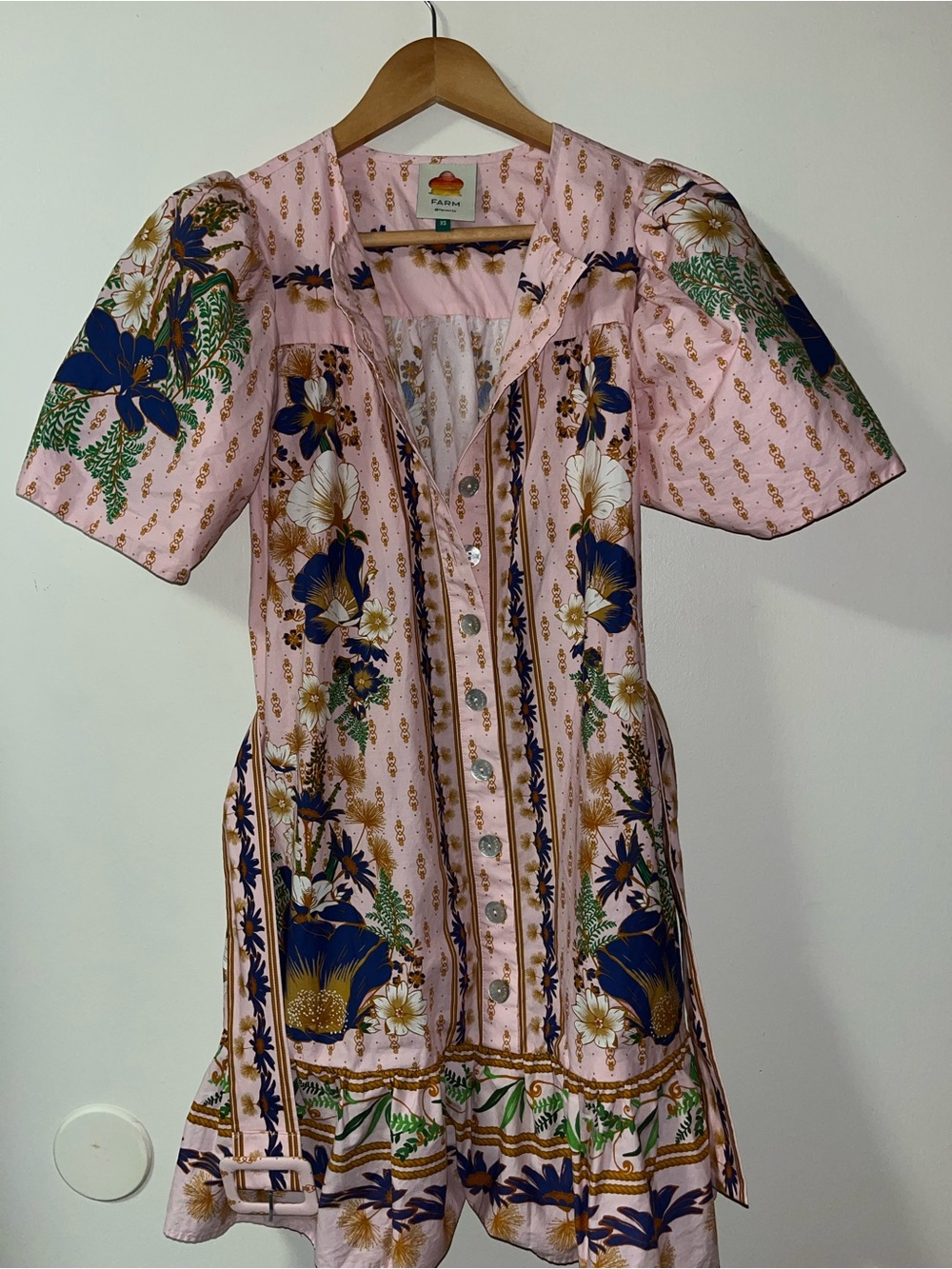FARM Rio Pink Floral Button-Front Mini Dress with Navy & Green Accents